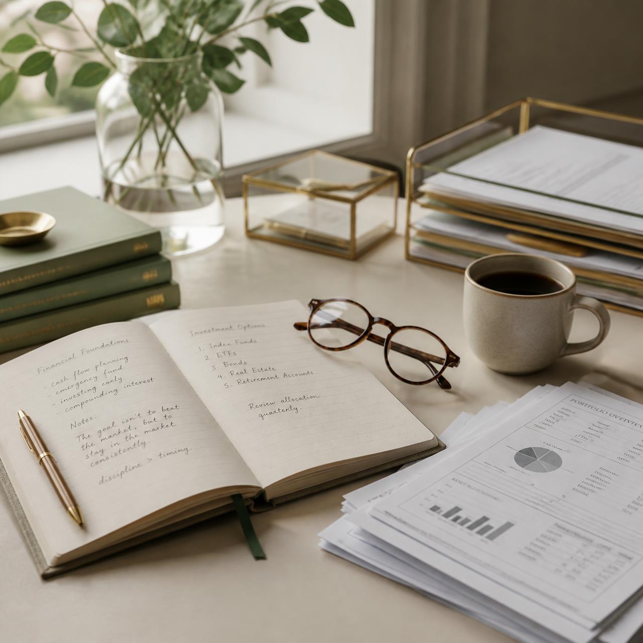 An open notebook with financial planning notes, reading glasses, and organized documents on a bright desk